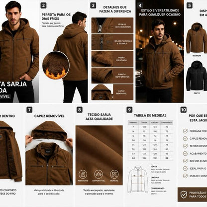 Jaqueta Sarja Masculina Com Capuz Removível Forrado