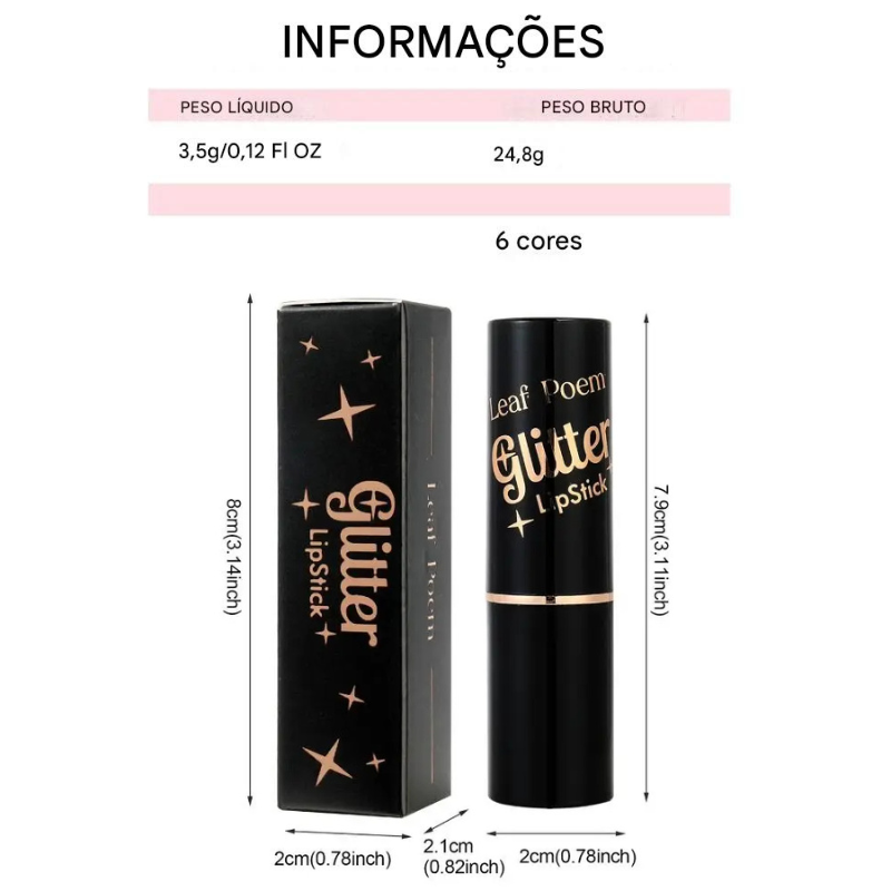 Batom Cintilante com Glitter Hidratante à Prova d'Água