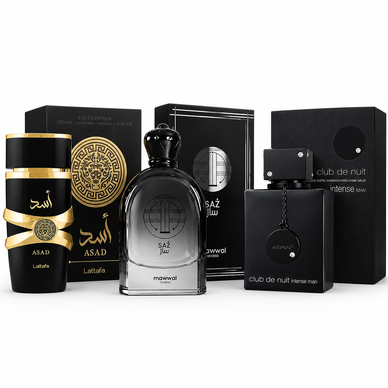 Kit 3 Perfumes Árabes Masculinos Premium – Lattafa Asad, Mawwal Saz e Club de Nuit Intense