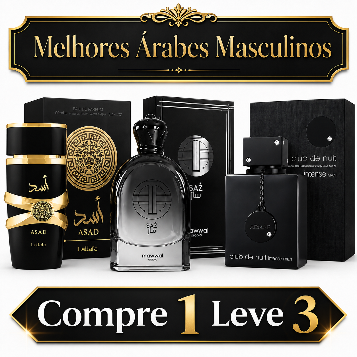 Kit 3 Perfumes Árabes Masculinos Premium – Lattafa Asad, Mawwal Saz e Club de Nuit Intense