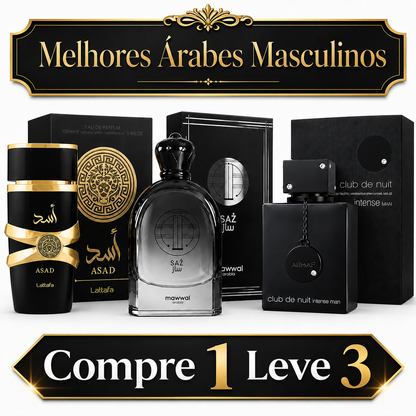 Kit 3 Perfumes Árabes Masculinos Premium – Lattafa Asad, Mawwal Saz e Club de Nuit Intense