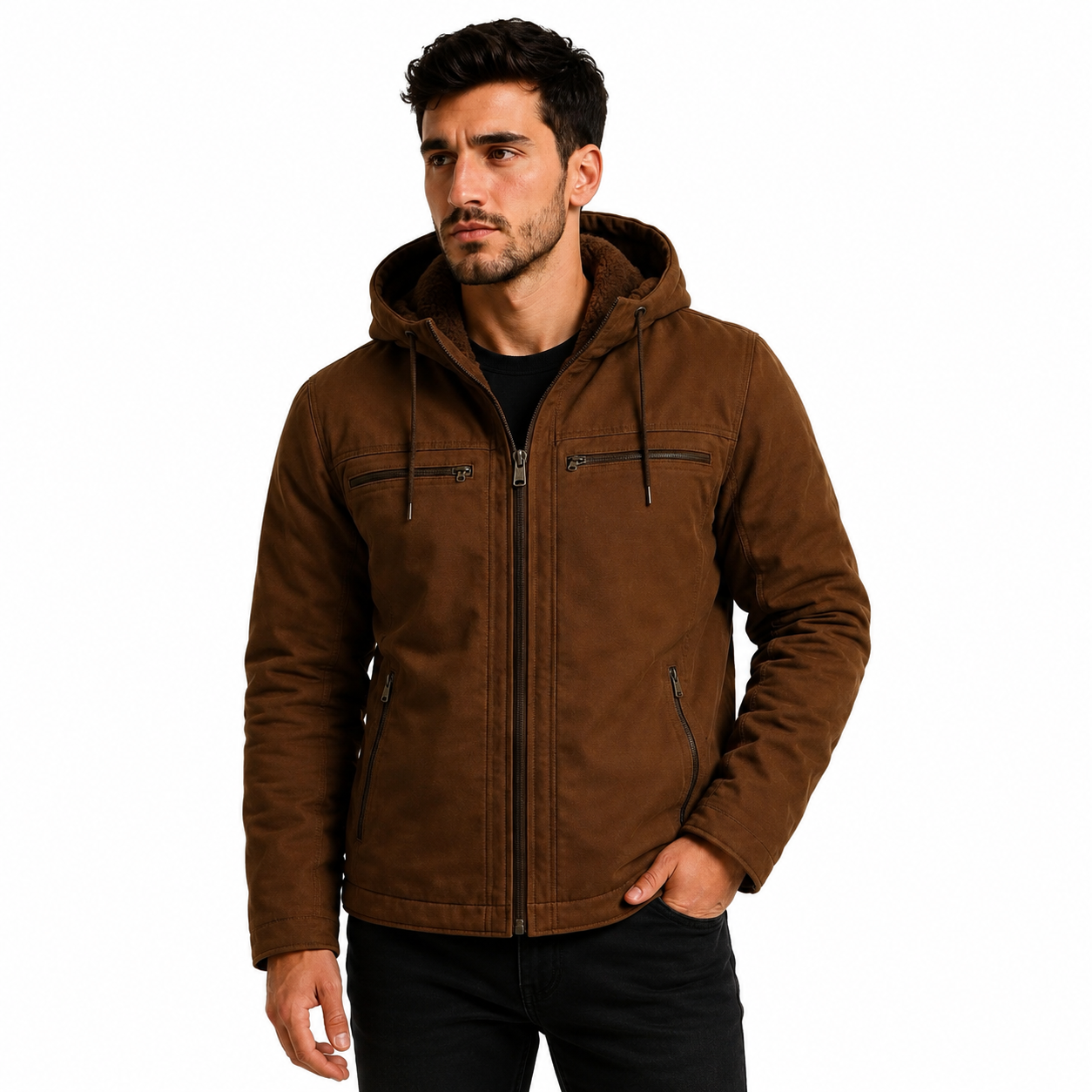 Jaqueta Sarja Masculina Com Capuz Removível Forrado
