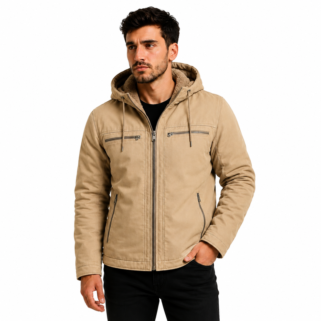 Jaqueta Sarja Masculina Com Capuz Removível Forrado