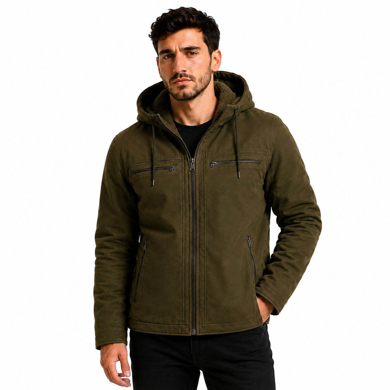 Jaqueta Sarja Masculina Com Capuz Removível Forrado