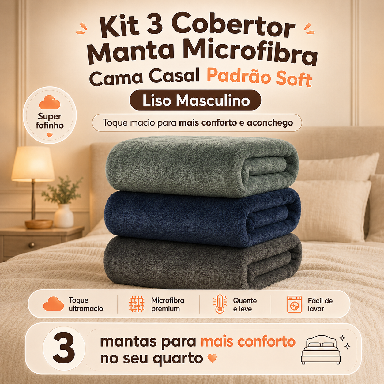 Kit 3 Cobertor Manta Microfibra Cama Casal Padrão Soft Estampada