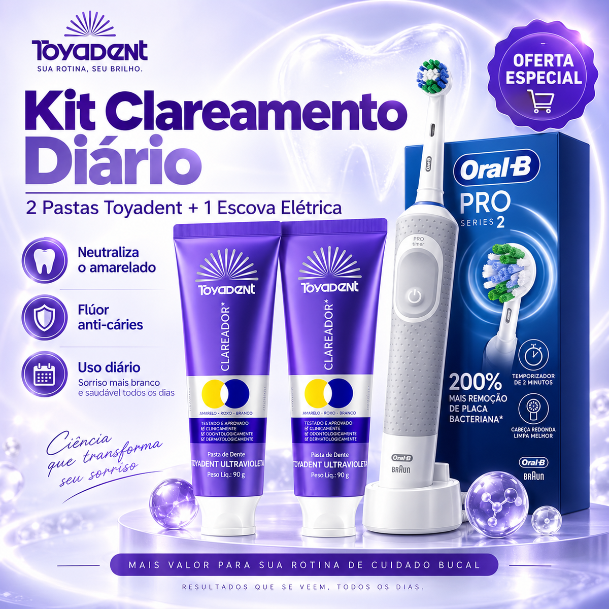 Pasta de dente Ultra Violeta Taydente + Escova Eletrica Pro iO2, Sensor de Pressão
