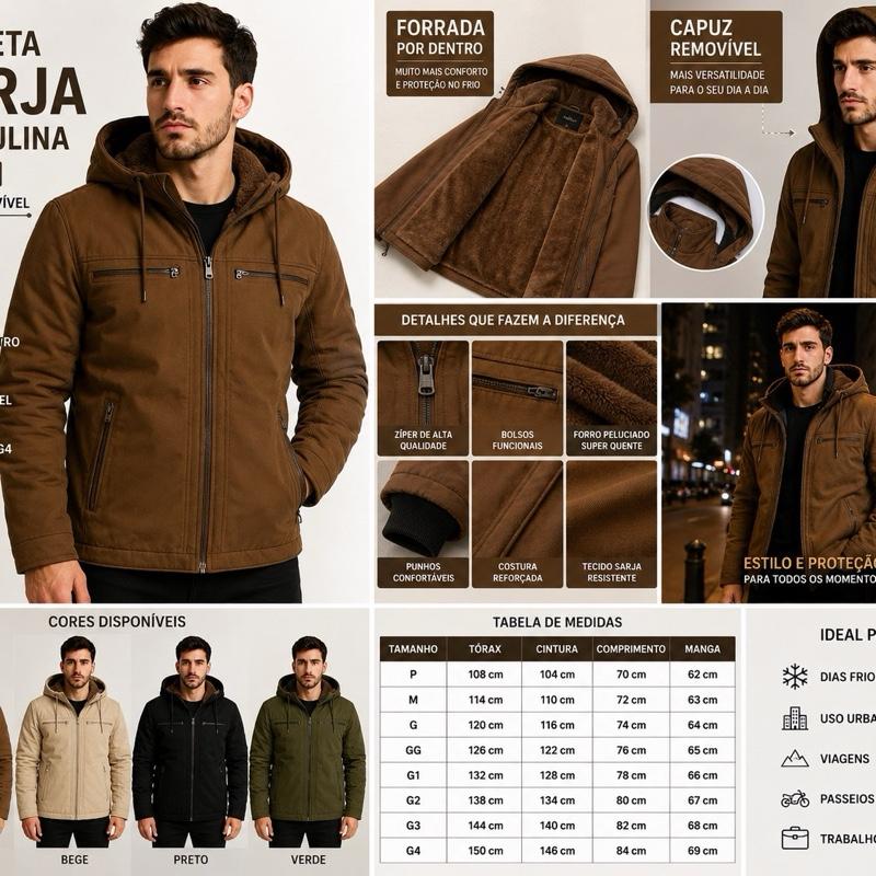 Jaqueta Sarja Masculina Com Capuz Removível Forrado