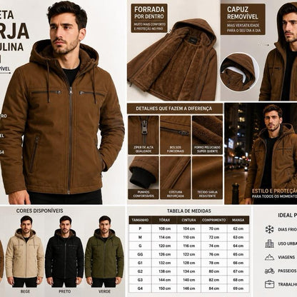 Jaqueta Sarja Masculina Com Capuz Removível Forrado